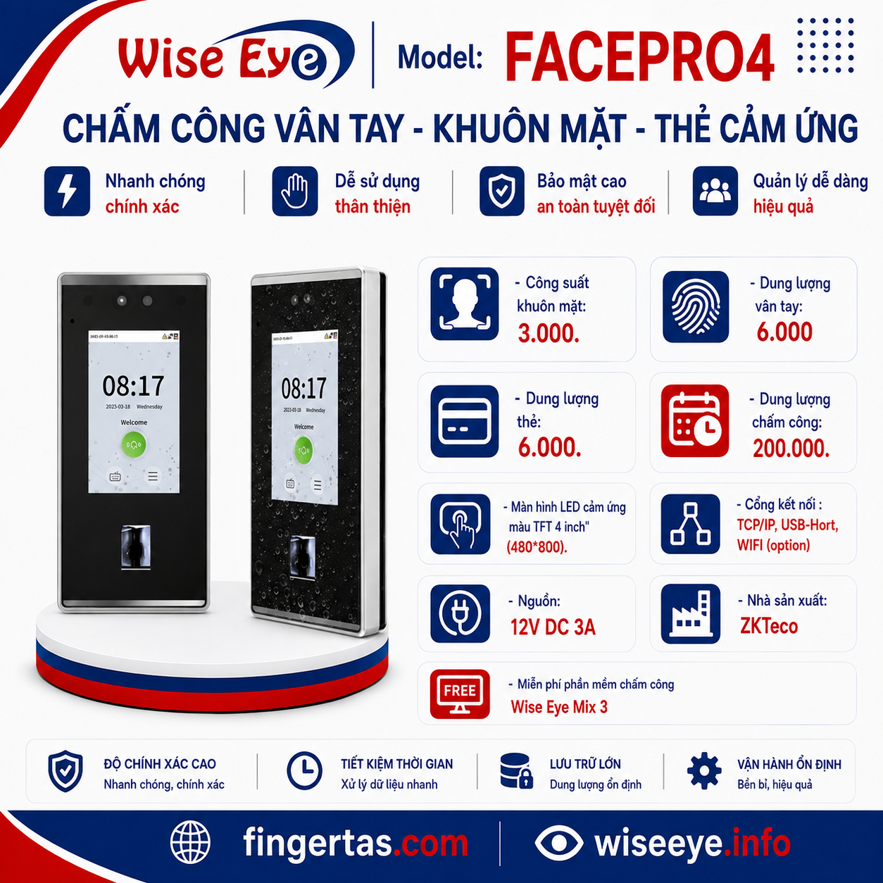 Máy Chấm Công Bằng Khuôn Mặt FACEPRO4 Máy Chấm Công Bằng Khuôn Mặt FACEPRO4
