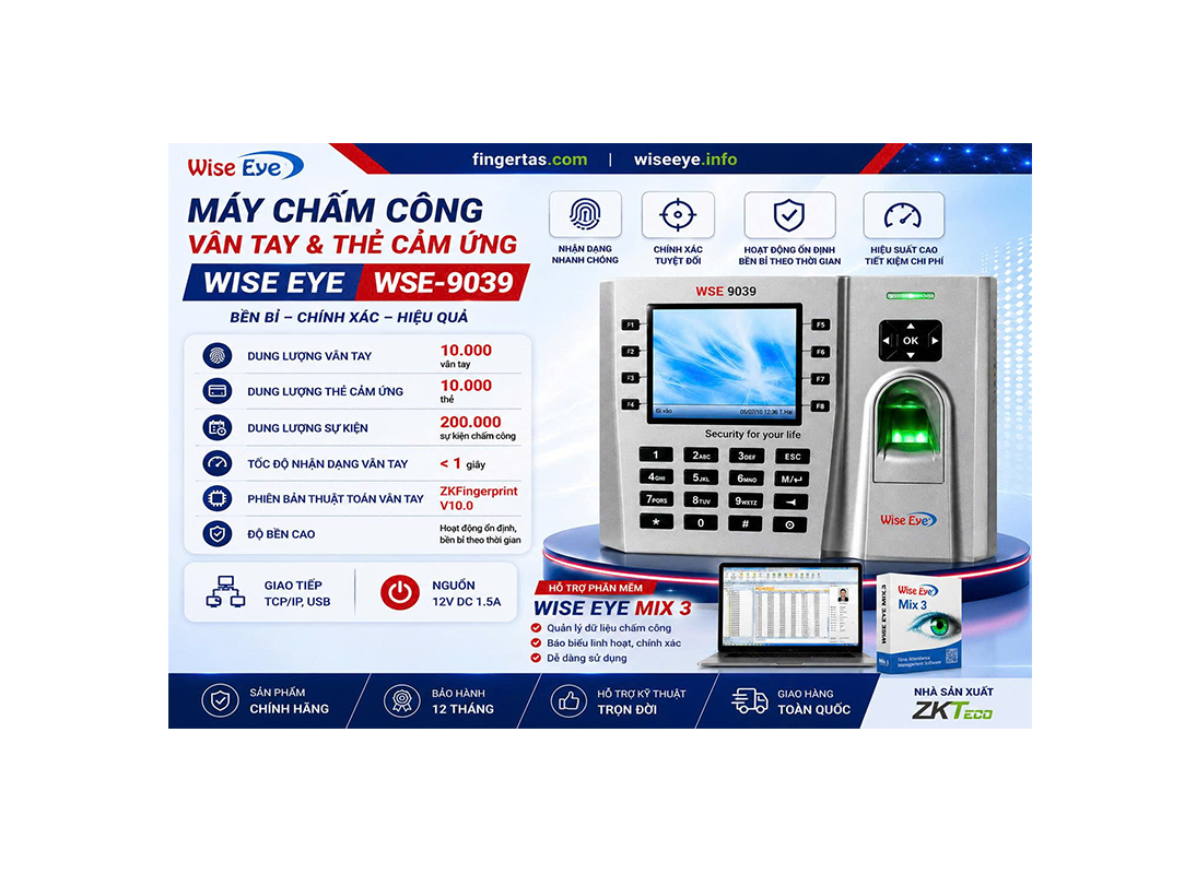 Máy chấm công vân tay Wise Eye WSE-9039 Máy chấm công vân tay Wise Eye WSE-9039