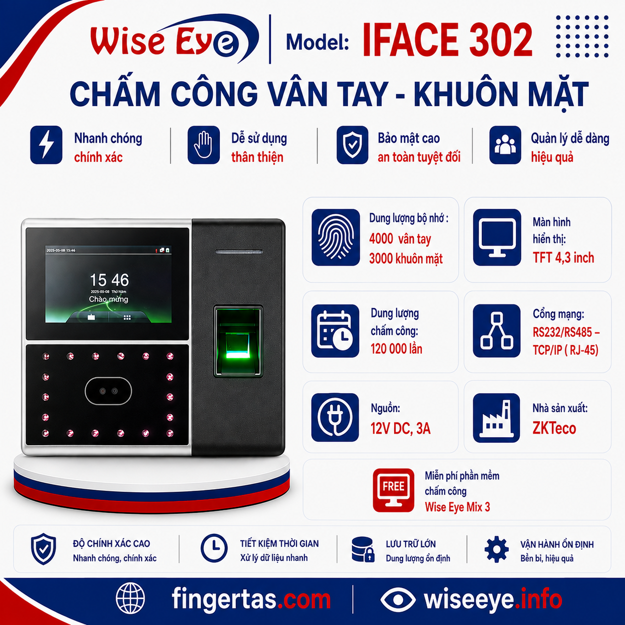 Máy chấm công bằng khuôn mặt IFACE 302 (Màu đen) Máy chấm công bằng khuôn mặt IFACE 302 (Màu đen)