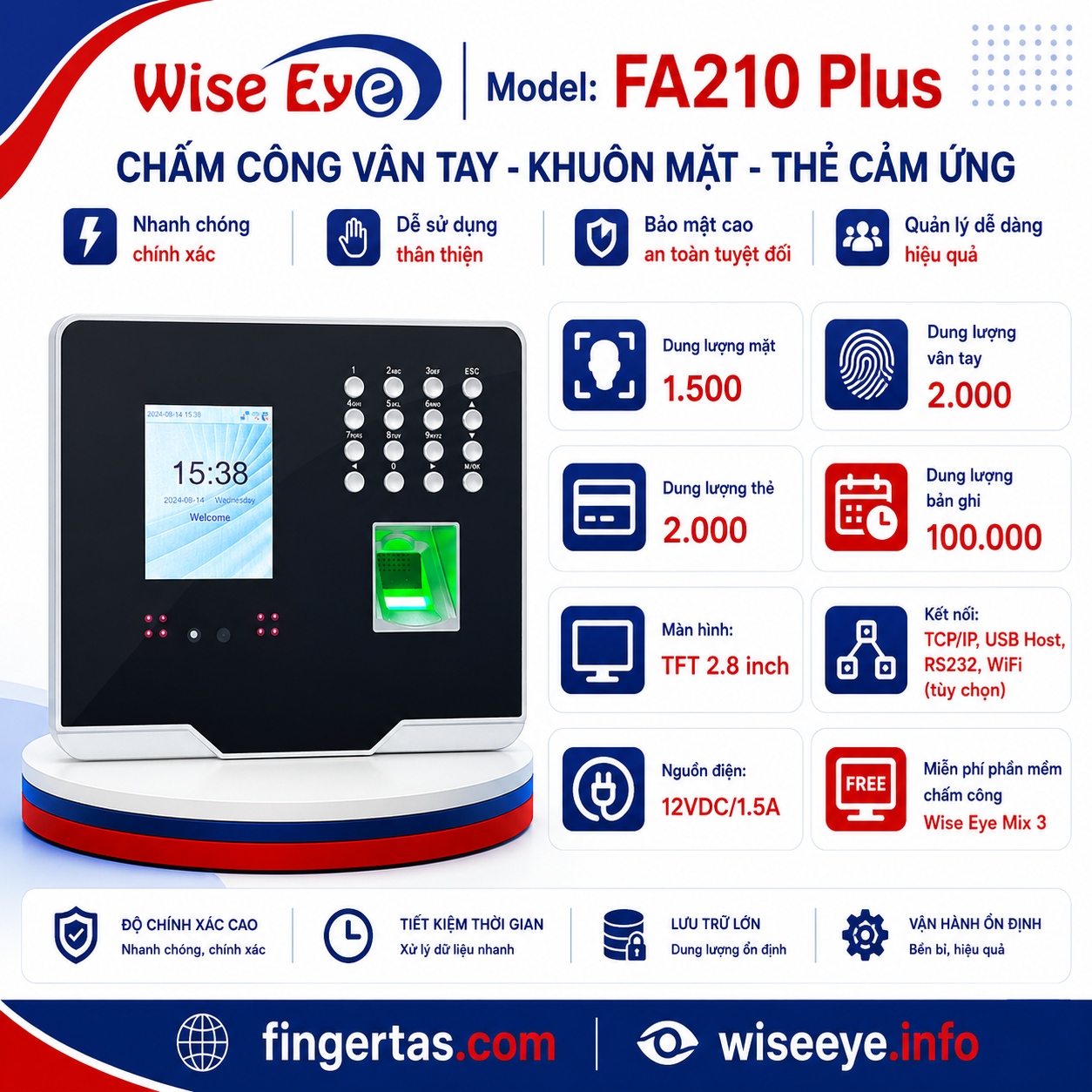 Máy chấm công vân tay và khuôn mặt FA210 Plus Máy chấm công vân tay và khuôn mặt FA210 Plus