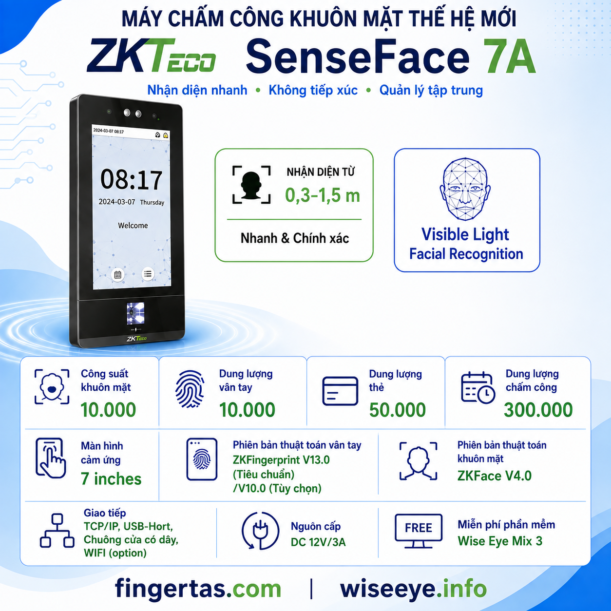 Máy Chấm Công Bằng Khuôn Mặt ZKTECO SenseFace 7A