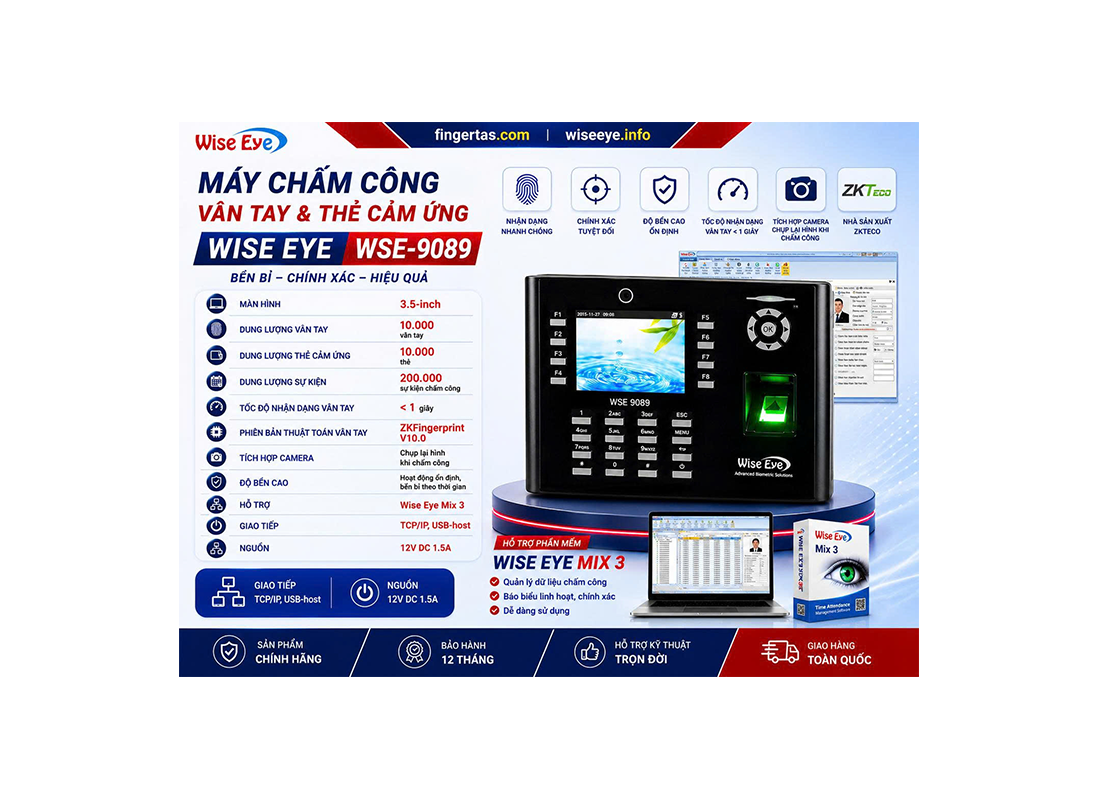 Máy chấm công vân tay Wise Eye WSE-9089 Máy chấm công vân tay Wise Eye WSE-9089