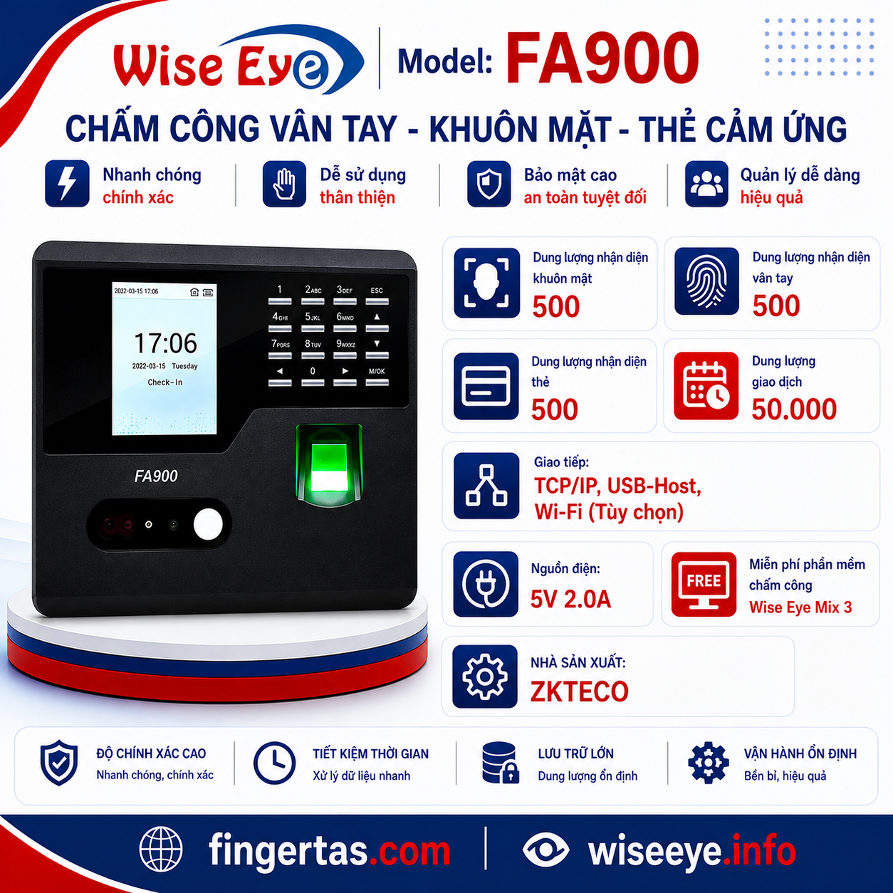 Máy chấm công vân tay và khuôn mặt FA900 Máy chấm công vân tay và khuôn mặt FA900
