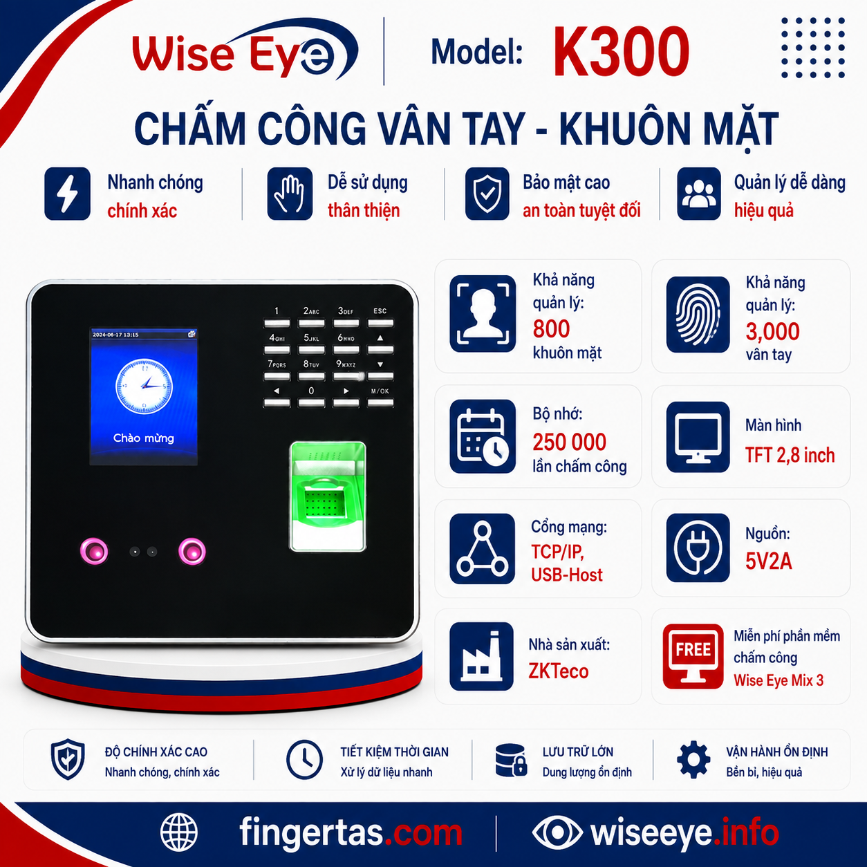 Máy chấm công vân tay và khuôn mặt K300 Máy chấm công vân tay và khuôn mặt K300