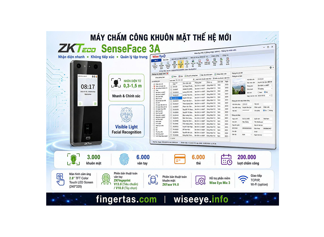 Máy Chấm Công Bằng Khuôn Mặt ZKTECO SenseFace 3A
